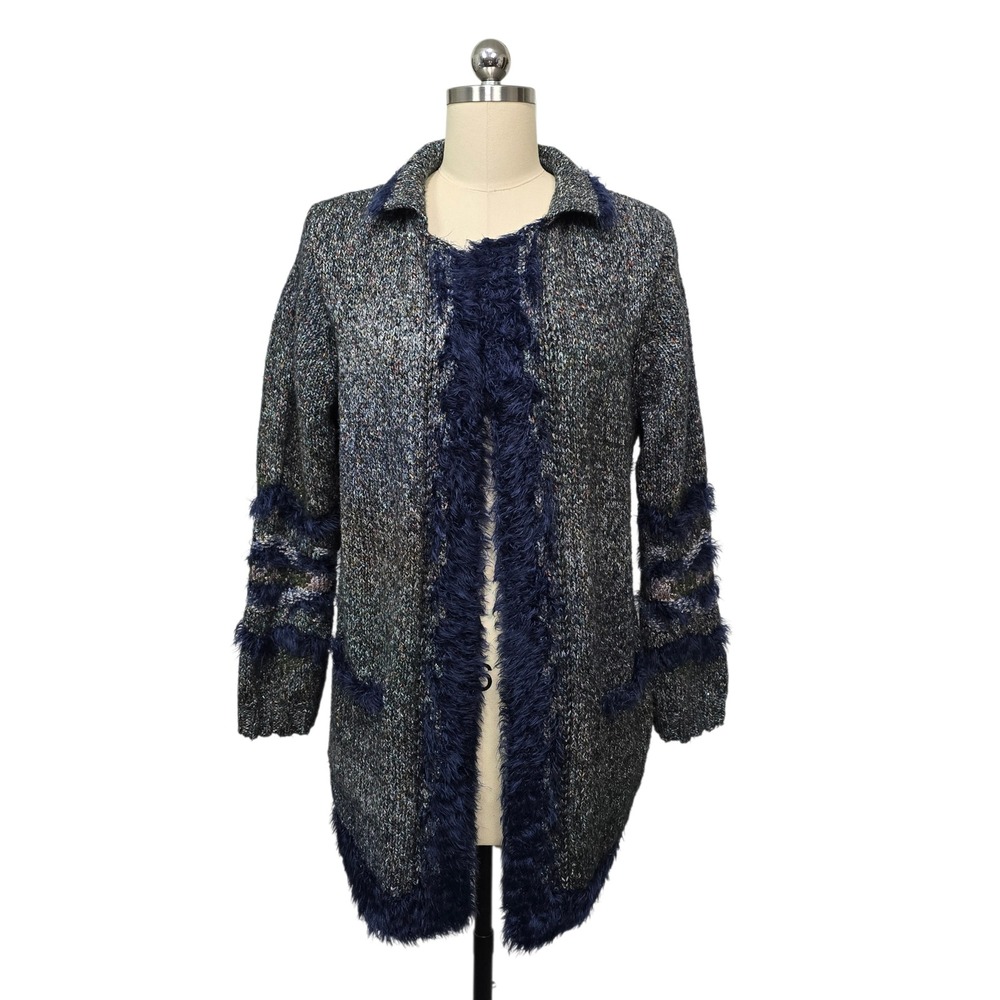 NIC+ZOE Mixed Media Faux Fur Trim Long Cardigan Sweater Women's Size Large